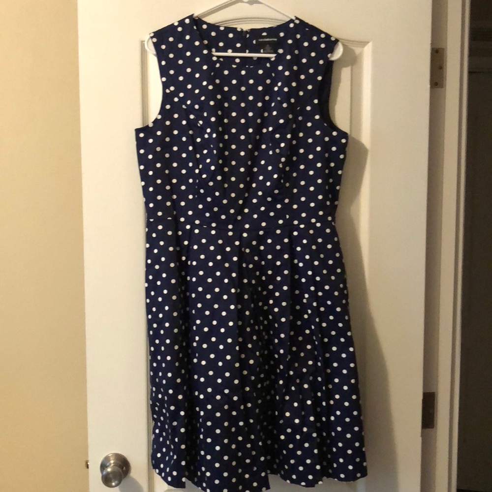 Liz Claiborne navy polka dot pleated skater dress.